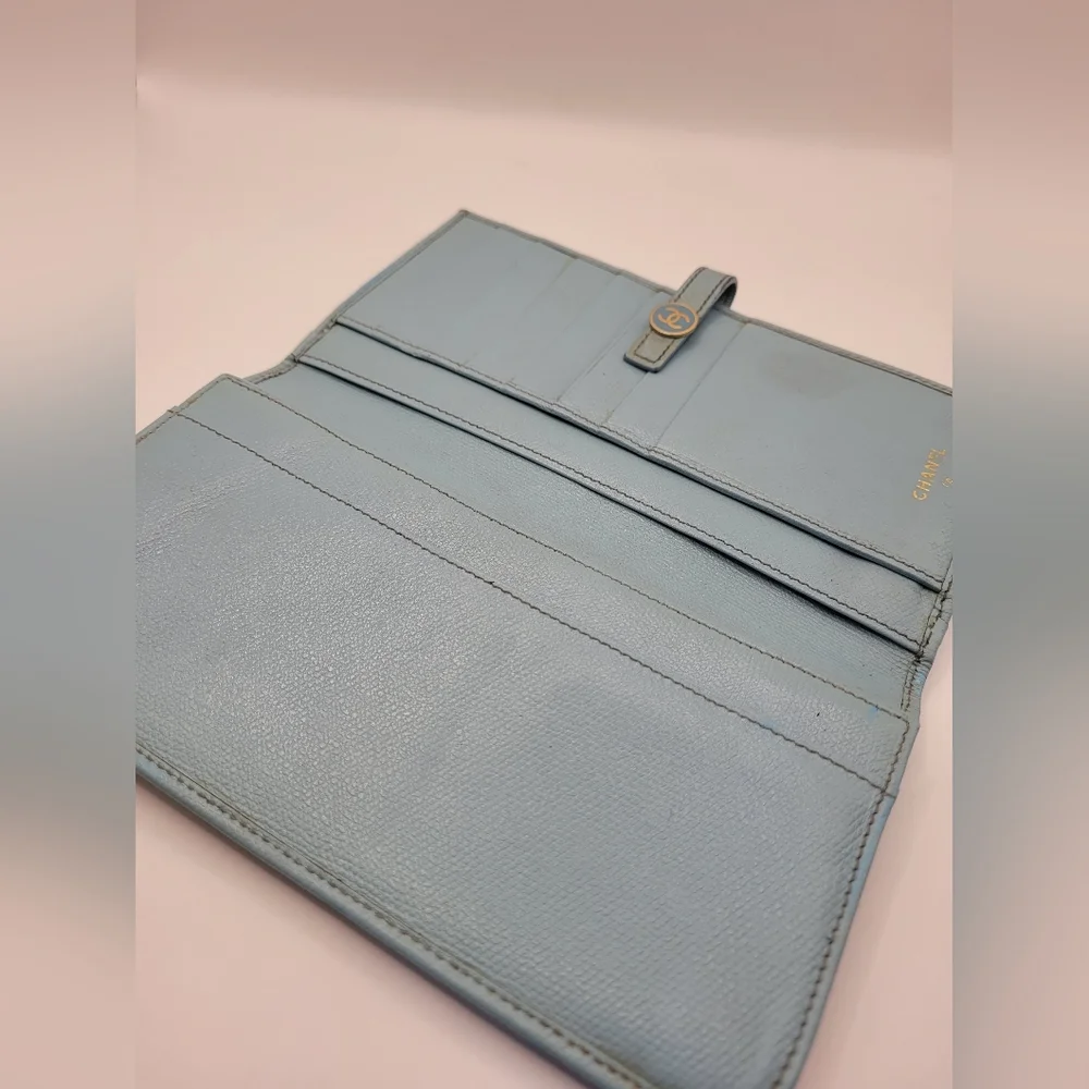 Chanel Authentic Coco Button Leather Long Bifold Wallet Powder Blue